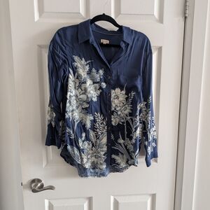 Pilcro Navy Button-Front Floral Shirt